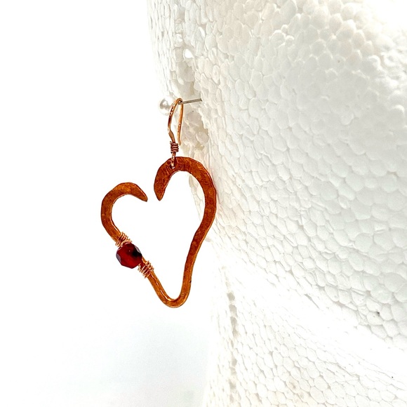 HANDCRAFTED Pure Copper Handwrapped and Hammered Statement Heart Dangle Earrings - Picture 10 of 10
